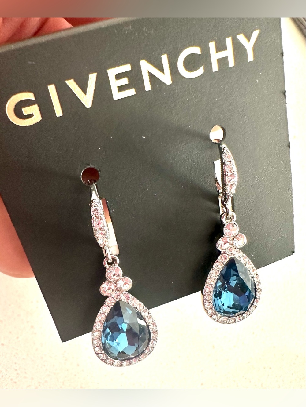 Givenchy Blue Teardrop Crystal Dangle Earrings with Clear Accents